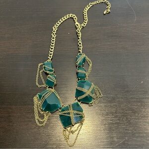 Statement Necklace with Green Stones and Gold Tone Chains